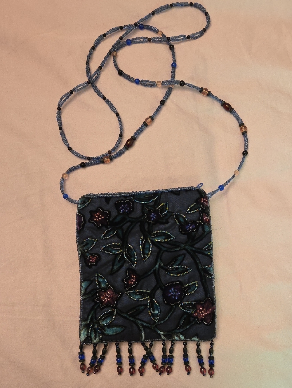 Embroidered Navy Beaded Crossbody Purse